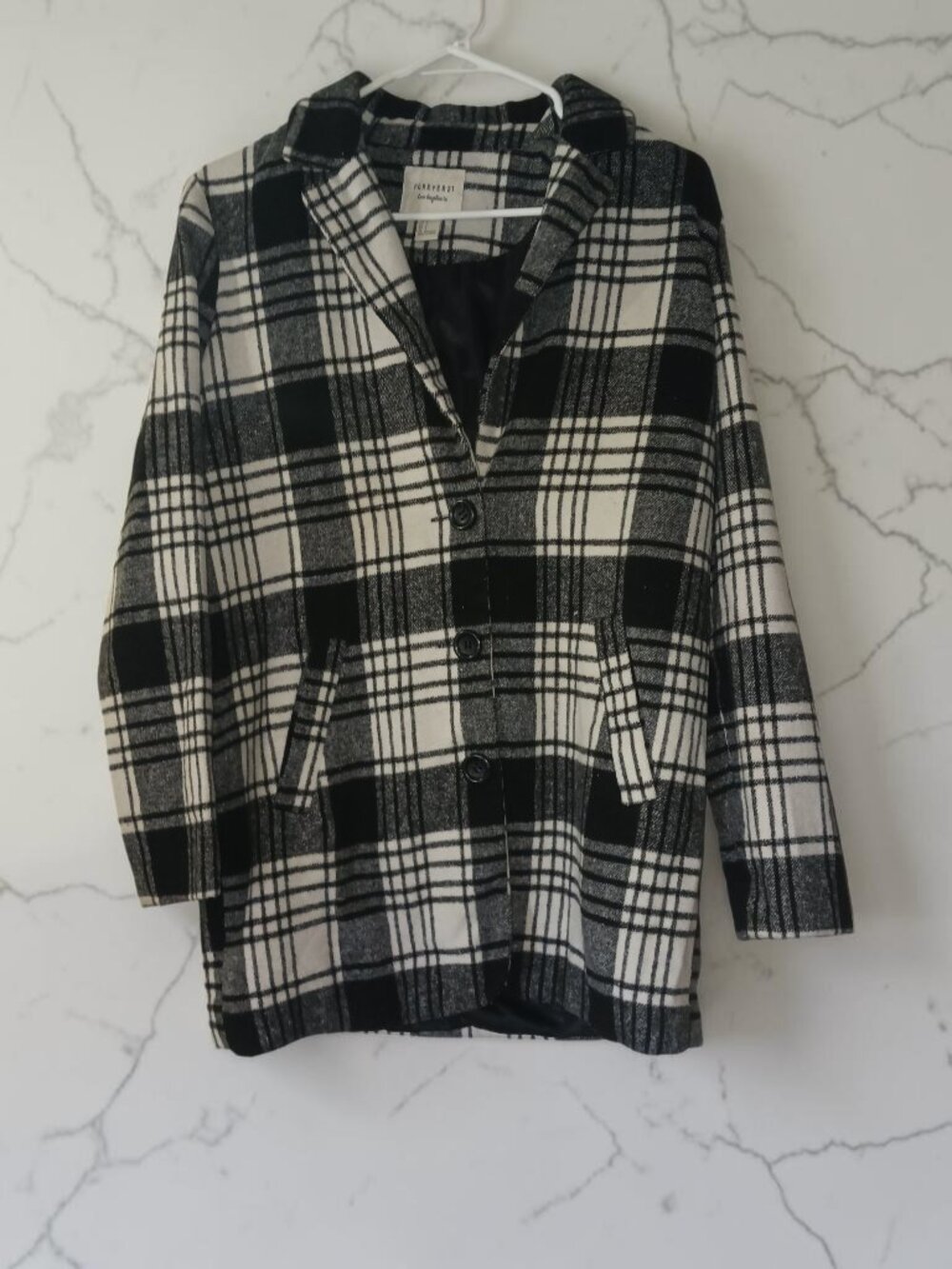 Forever 21 Plaid Coat Jacket Black White Button Front Size Small